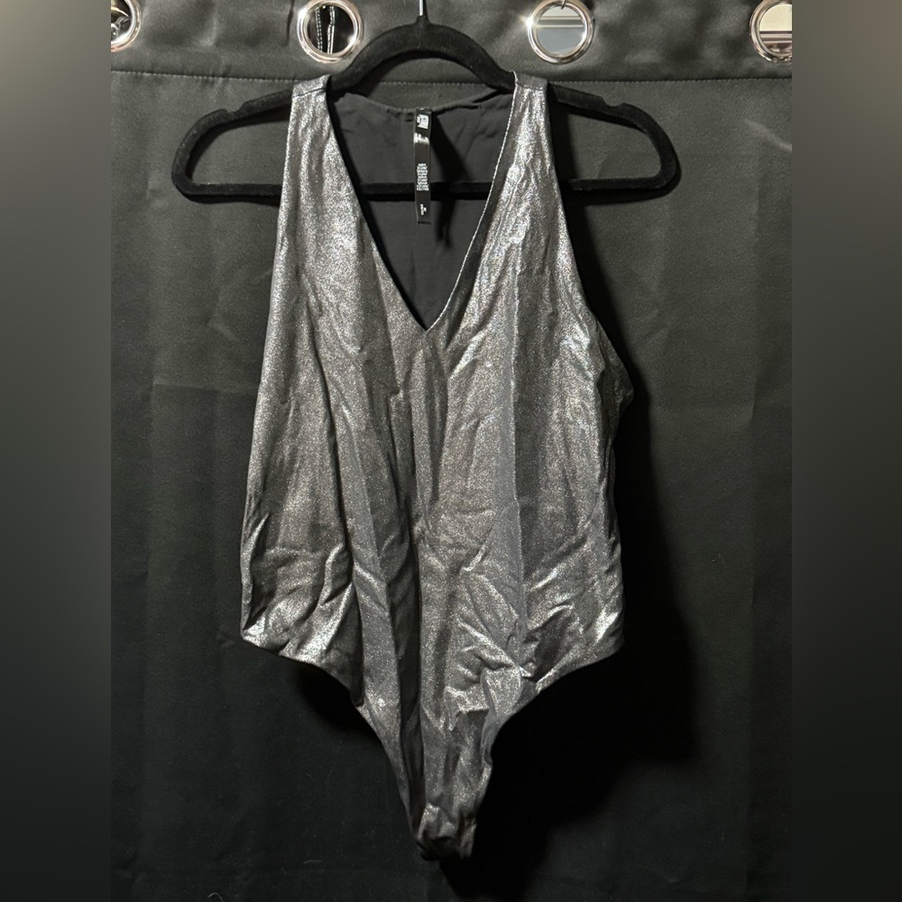 Metallic Silver V-Neck Bodysuit - Women